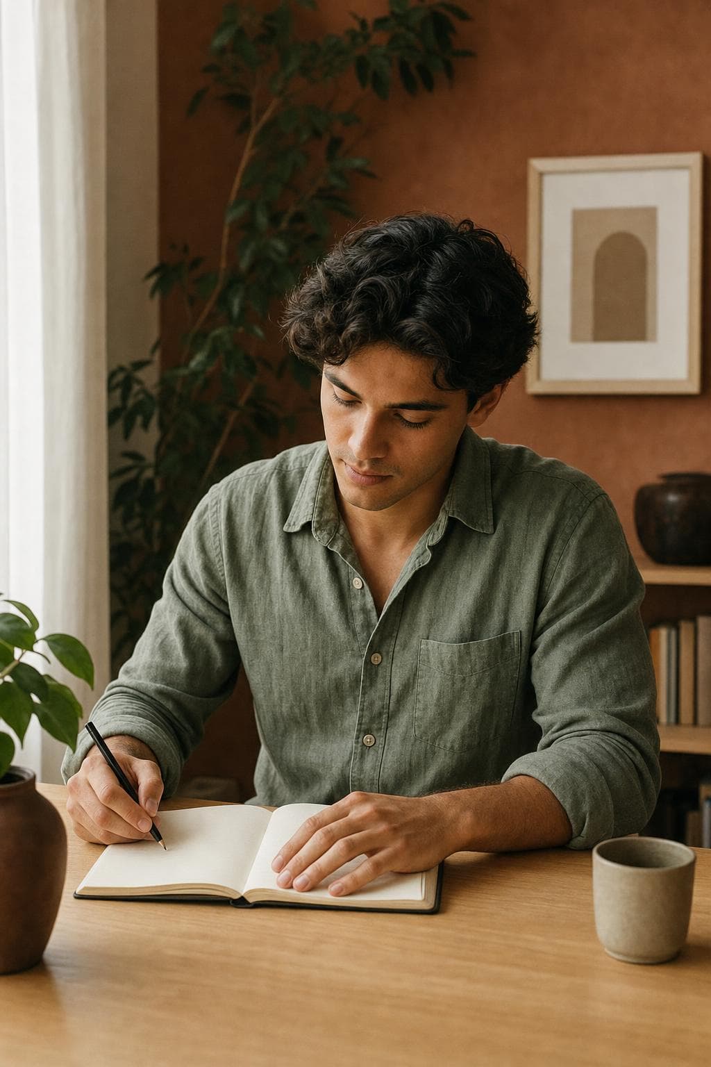A beginner writing in a blank notebook at a quiet table.