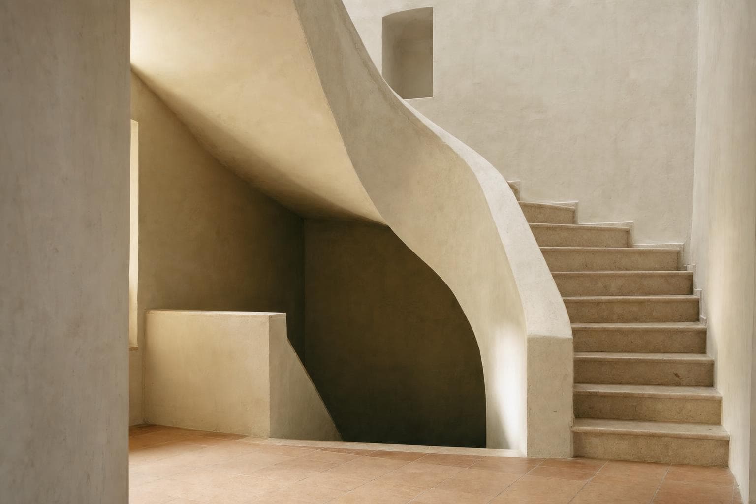 A pale plaster staircase turning upward in quiet morning light.